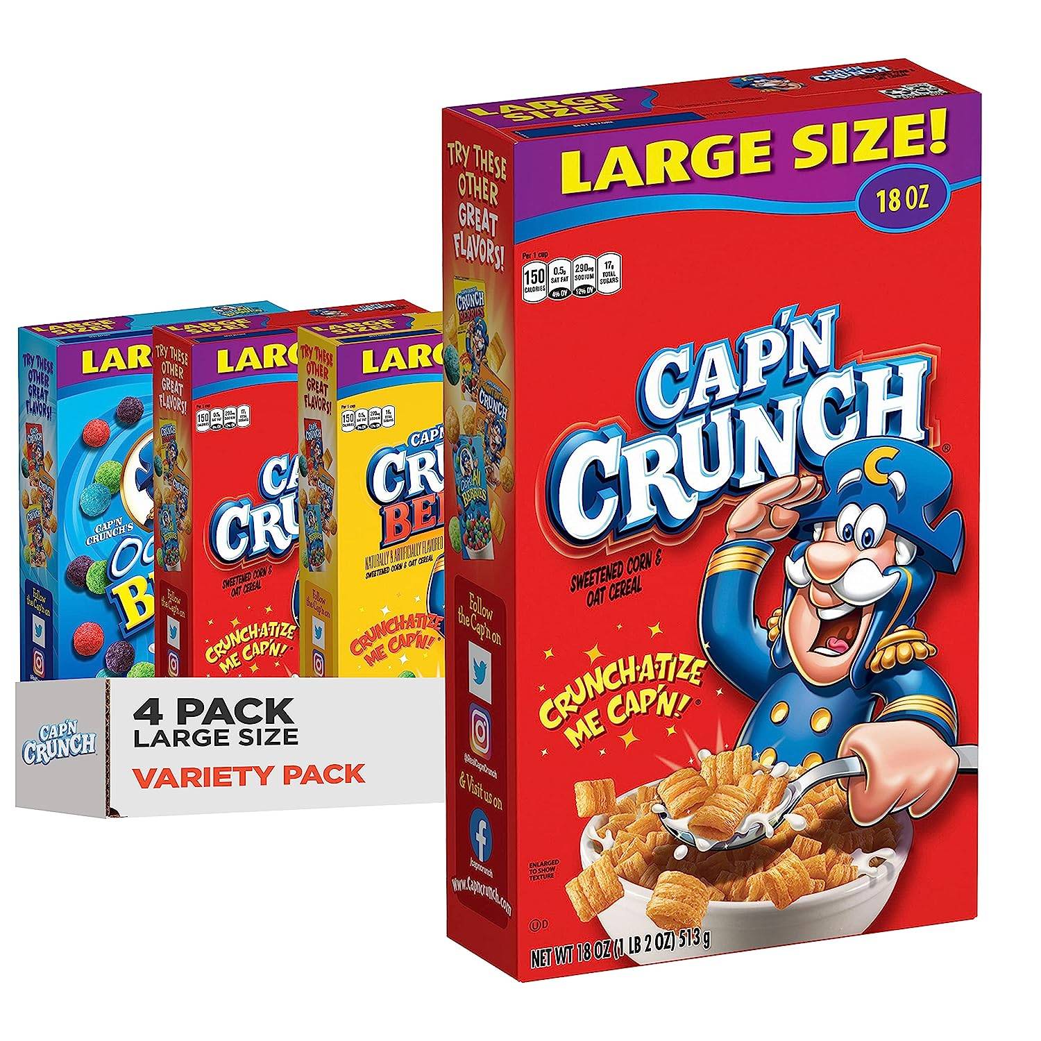 Cap'n Crunch Cereal, 3 Flavor Variety Pack, Large Size Boxes, (4 Pack) Cap'n Crunch Cereal, 3 Flavor Variety Pack, Large Size Boxes, (4 Pack)